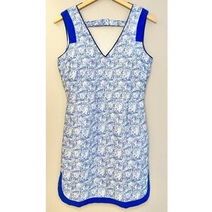 NWT Lucy Paris V Neck Velvet Trimmed Blue Printed Dress